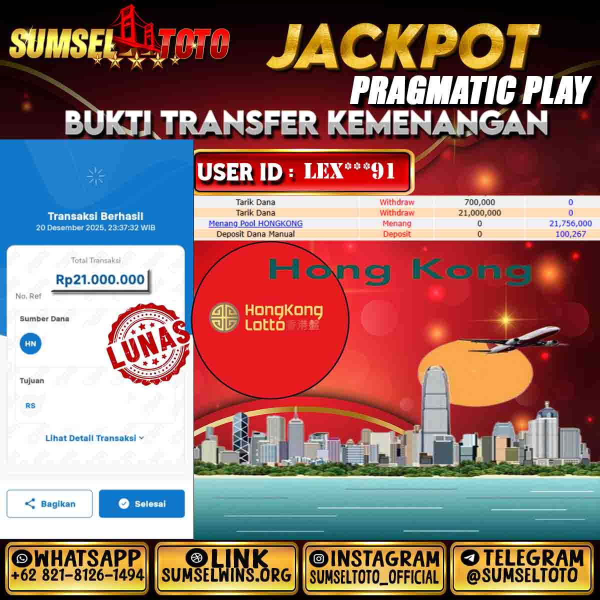 SUMSELTOTO JACKPOT TOGEL HONGKONG POOLS  Rp.21,000,000.,- LUNAS